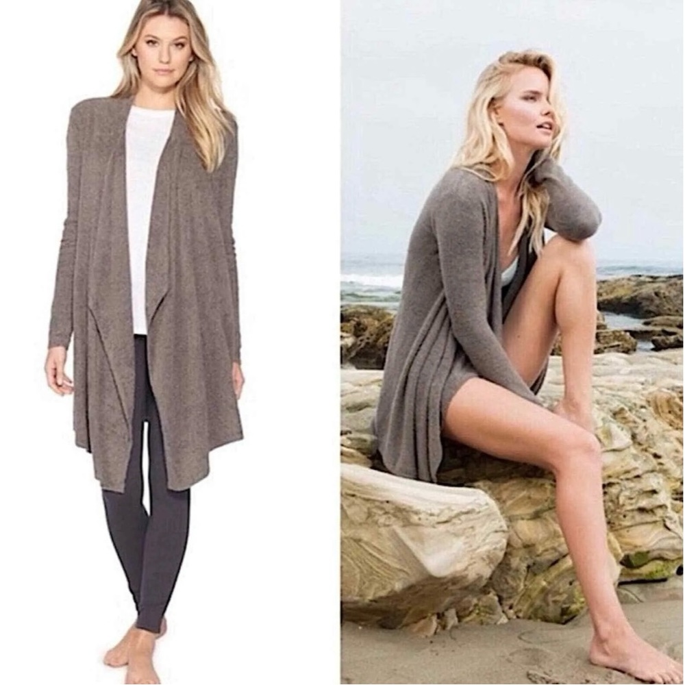 Barefoot Dreams CozyChic Lite Drape Front Calypso Wrap Cardigan Brown L/XL